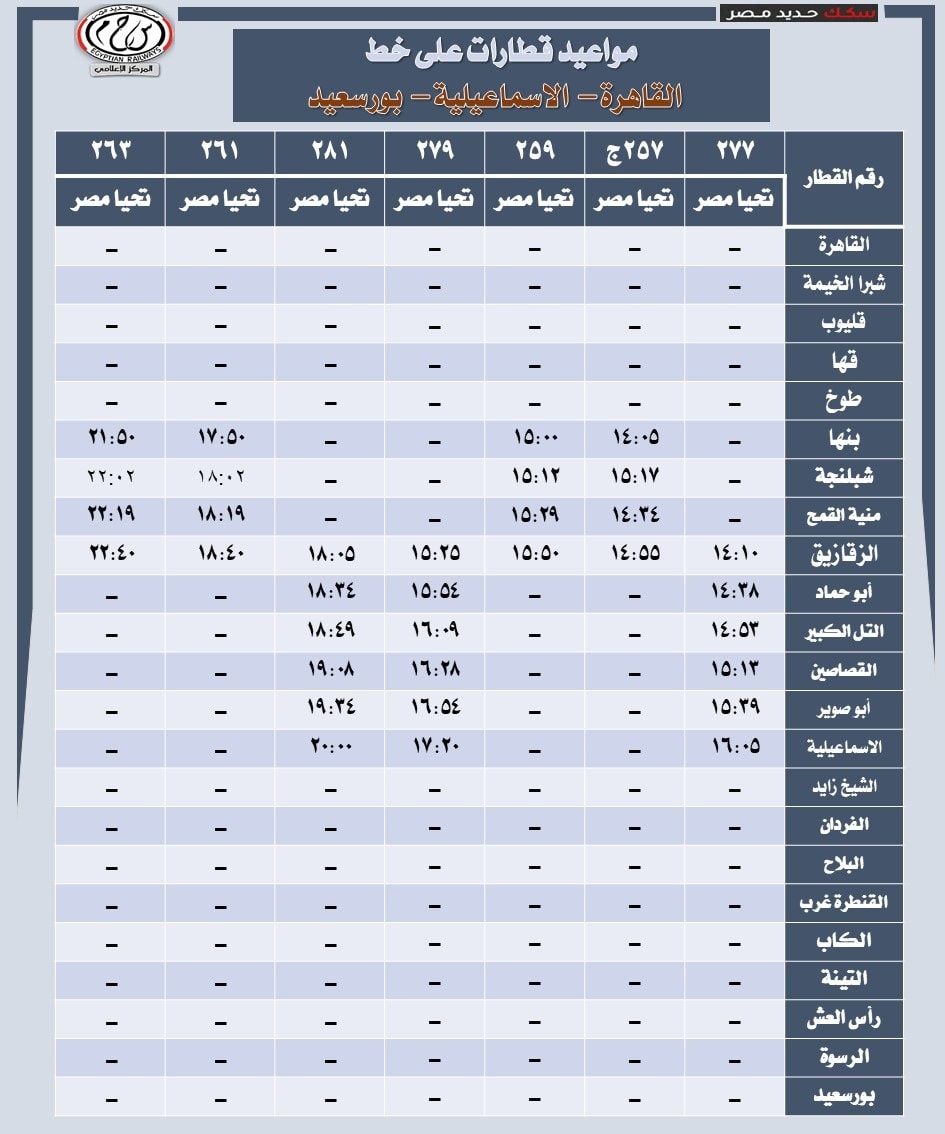 مواعيد قطارات خط (القاهرة / الإسماعيلية / بورسعيد) والعكس
