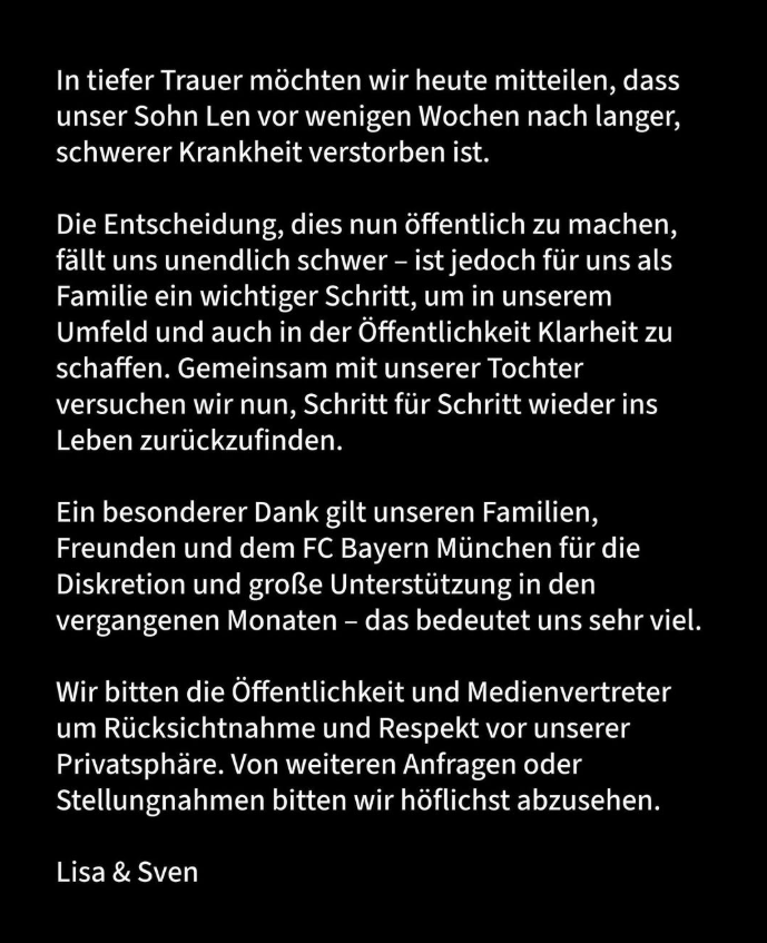حارس مرمى بايرن ميونخ يعلن وفاة نجله