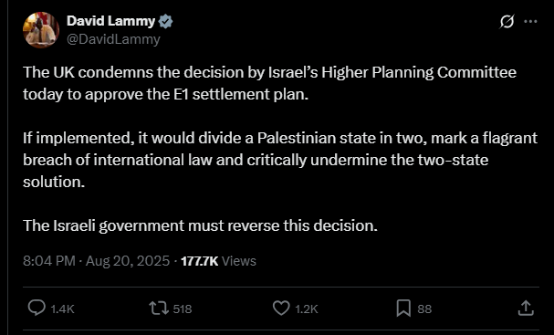 منشور وزير الخارجية البريطاني ديفيد لامي عن إدانة القرار