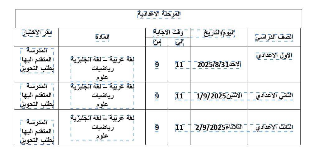 جدول المرحلة الإعدادية
