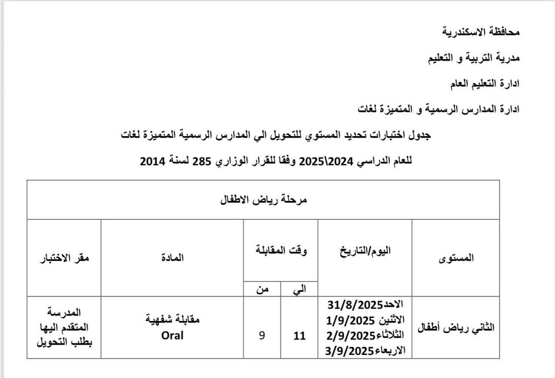 جدول رياض الأطفال