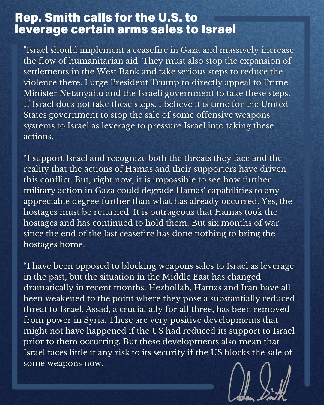 قيادي ديمقراطي في لجنة الخدمات المسلحة الأمريكية يدعو لوقف تزويد إسرائيل بالأسلحة الهجومية