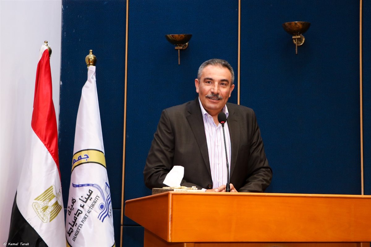 اللواء بحري أ ح طارق عدلي عبدالله رئيس هيئة ميناء دمياط خلال كلمته بالحفل