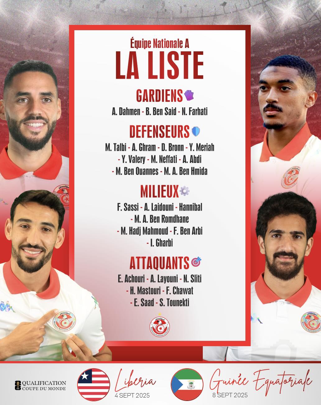 <strong> قائمة تونس في تصفيات كأس العالم 2026</strong>