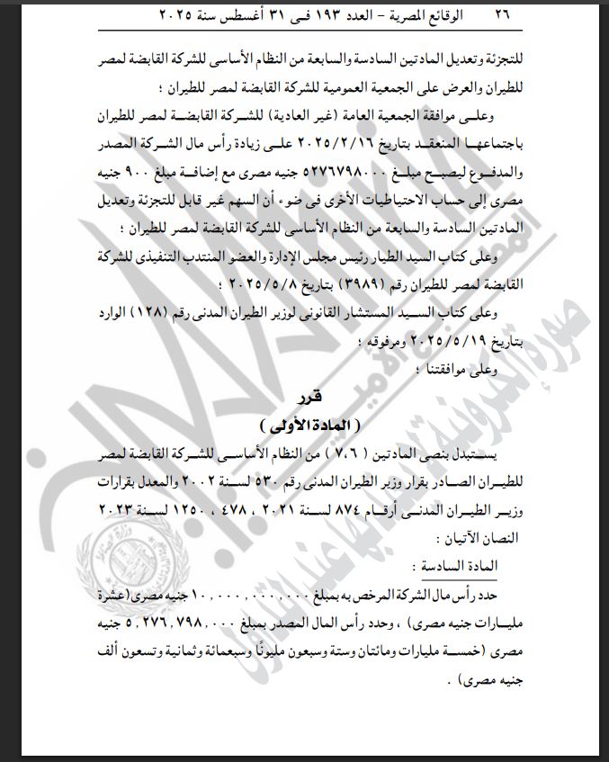 رأس المال المرخص للشركة القابضة لمصر للطيران