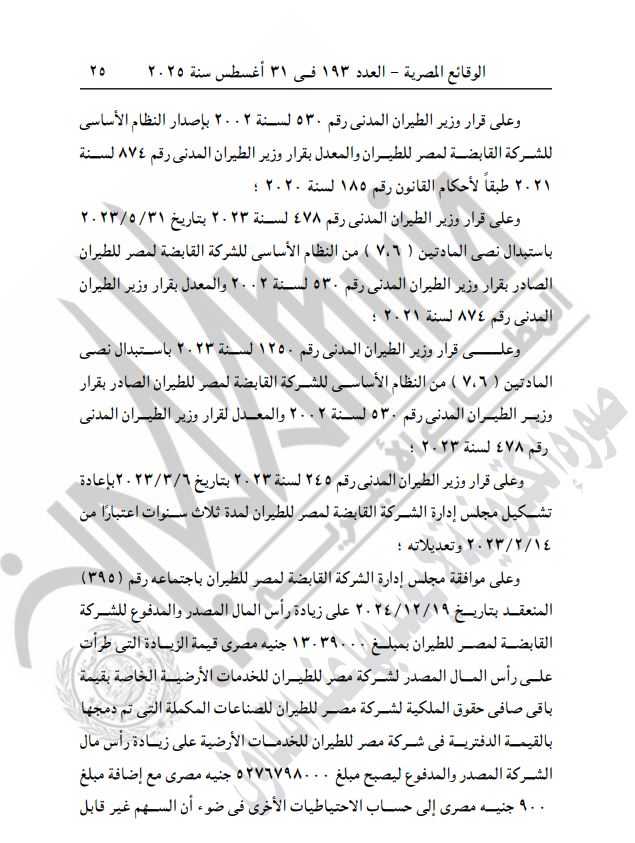 رأس المال المرخص للشركة القابضة لمصر للطيران