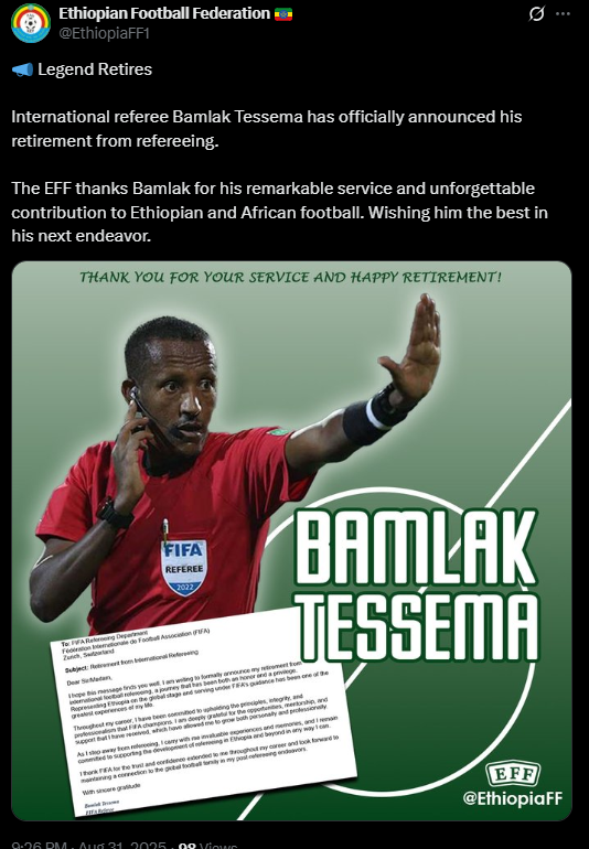 <strong>الاتحاد الإثيوبي يصدر بيانًا بشأن اعتزال باملاك تيسيما التحكيم</strong>