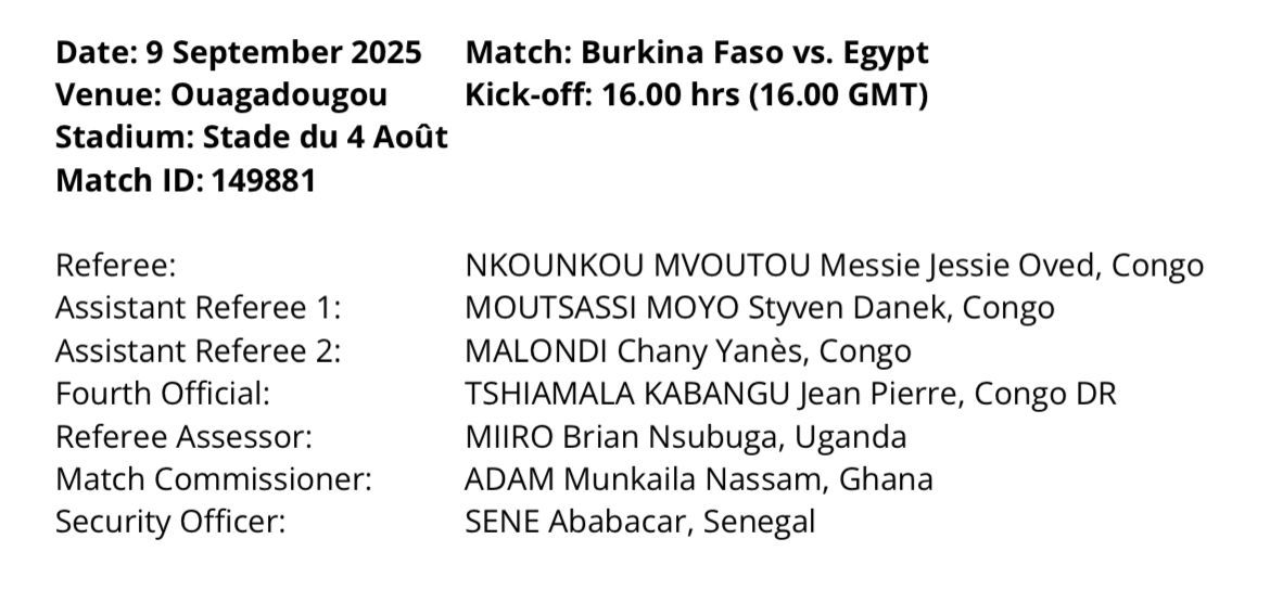 <strong>طاقم كونغولي يدير مباراة مصر وبوركينا فاسو في تصفيات كأس العالم 2026</strong>