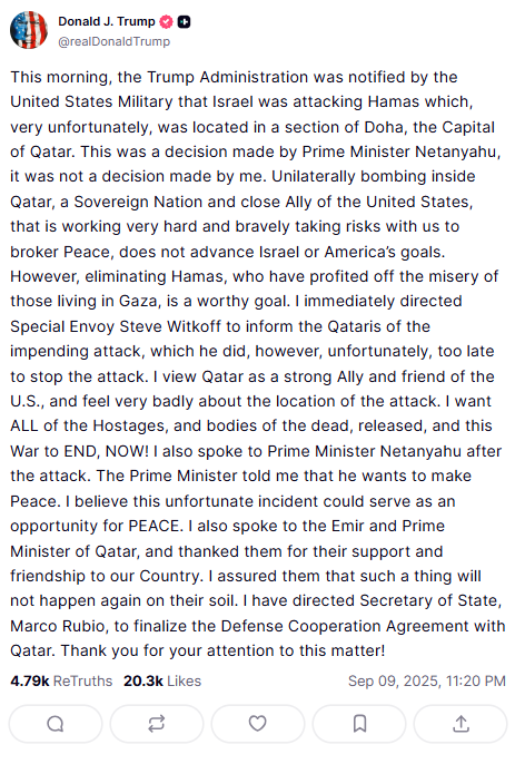 منشور ترامب على تروث سوشيال