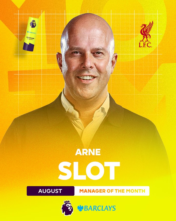 سلوت يتوج بجائزة أفضل مدرب بالدوري الإنجليزي لشهر أغسطس