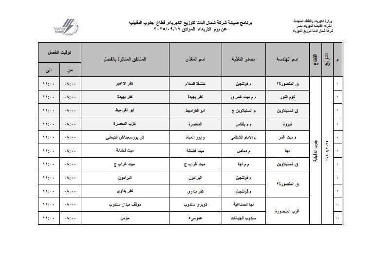 جدول إنقطاع الكهرباء بالدقهلية
