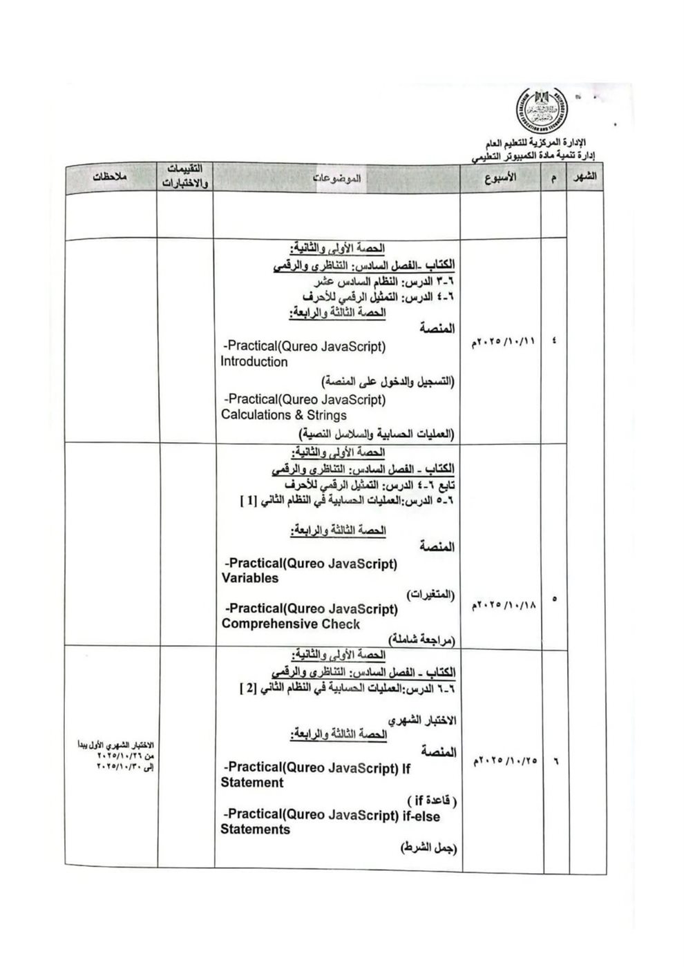 توزيع منهج البرمجة والذكاء الاصطناعي للصف الأول الثانوي للعام الدراسي الجديد