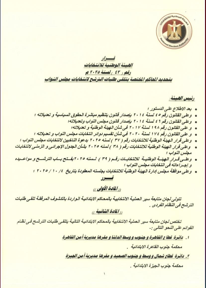 أماكن تلقي طلبات الترشح لـ انتخابات مجلس النواب