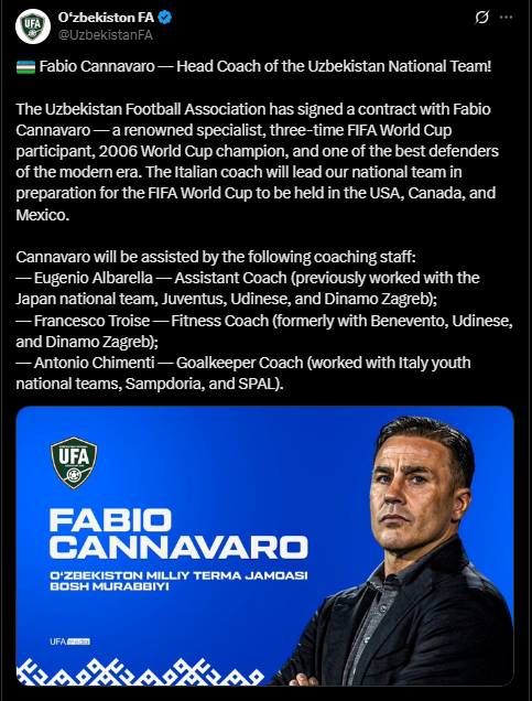 <strong>رسميًا| فابيو كانافارو مديرًا فنيًا لمنتخب أوزبكستان</strong>