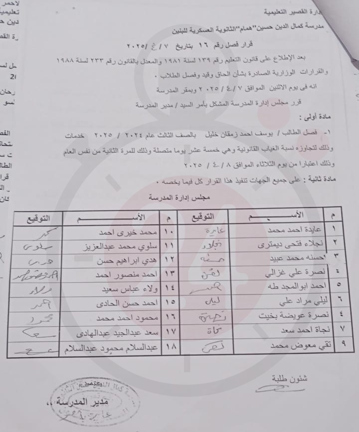 نسخة من قرار فصل الطالب يوسف احمد