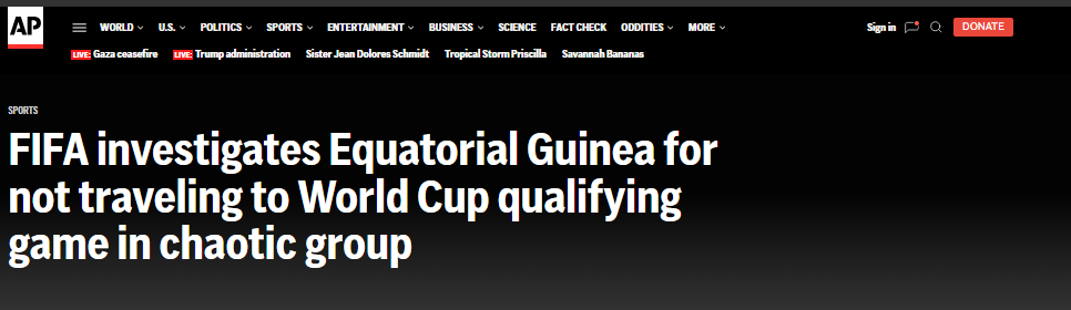 <strong>وكالة أسوشيتد برس: فيفا يقرر فتح تحقيق ضد منتخب غينيا الاستوائية بسبب عدم سفره لمواجهة مالاوي في تصفيات مونديال 2026</strong>