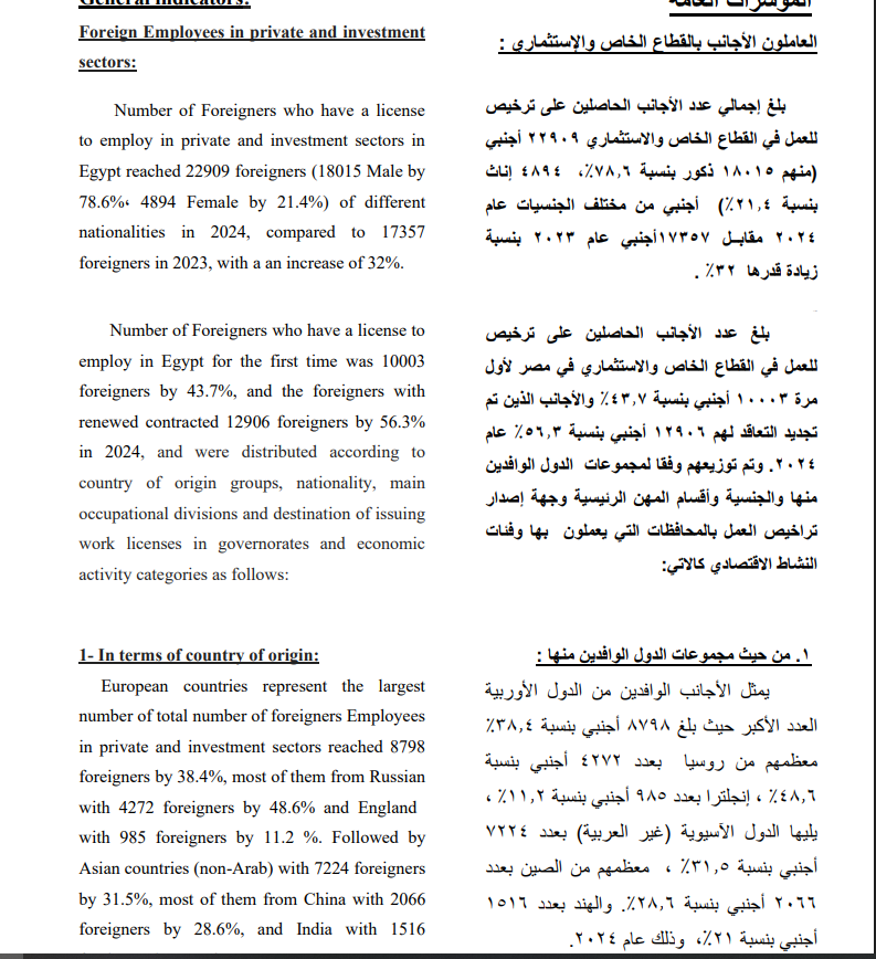 الإحصاء: أكثر من 22 ألف أجنبي يعملون بالقطاع الخاص والاستثماري في مصر خلال 2024