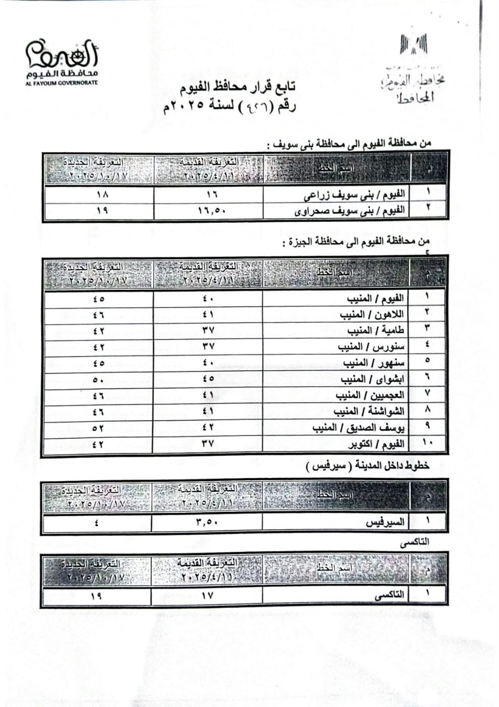 بعد تحريك أسعار البنزين.. محافظ الفيوم يعلن تعريفة الركوب الجديدة لسيارات الأجرة والتاكسي
