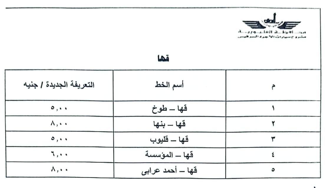 قائمة أسعار المواصلات الجديدة