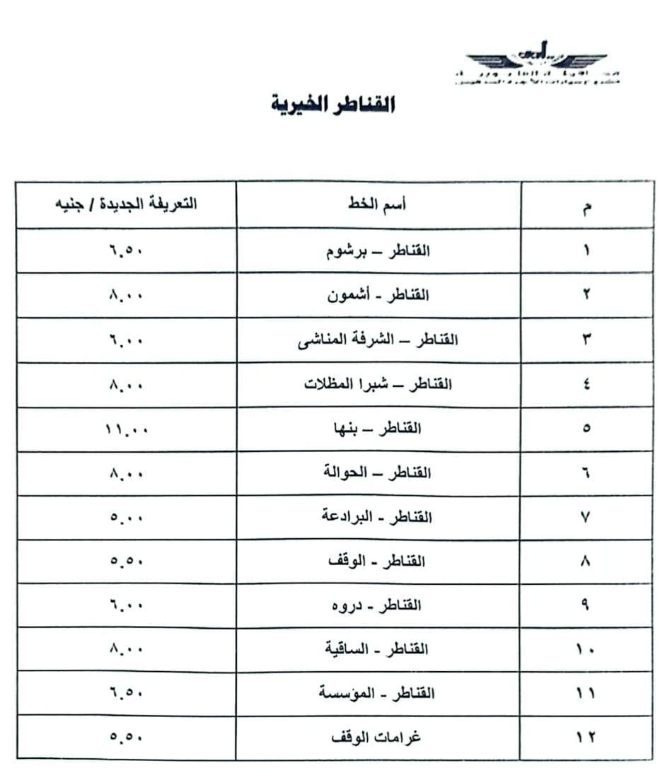قائمة أسعار المواصلات الجديدة