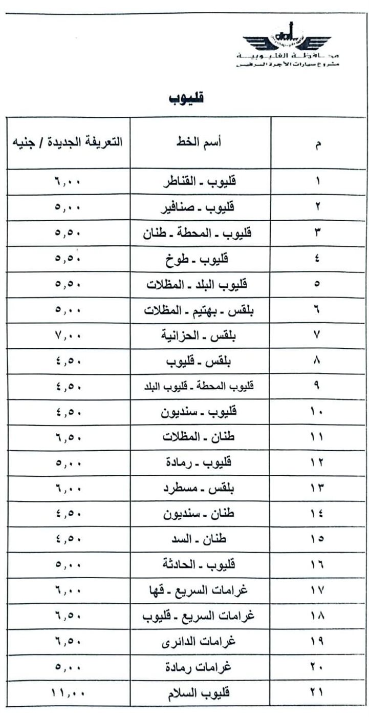 قائمة أسعار المواصلات الجديدة