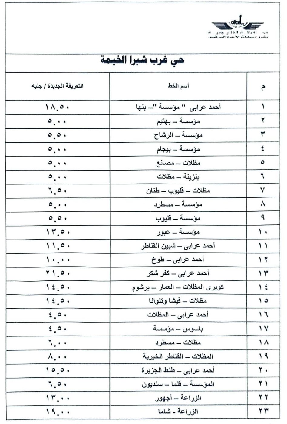 قائمة أسعار المواصلات الجديدة