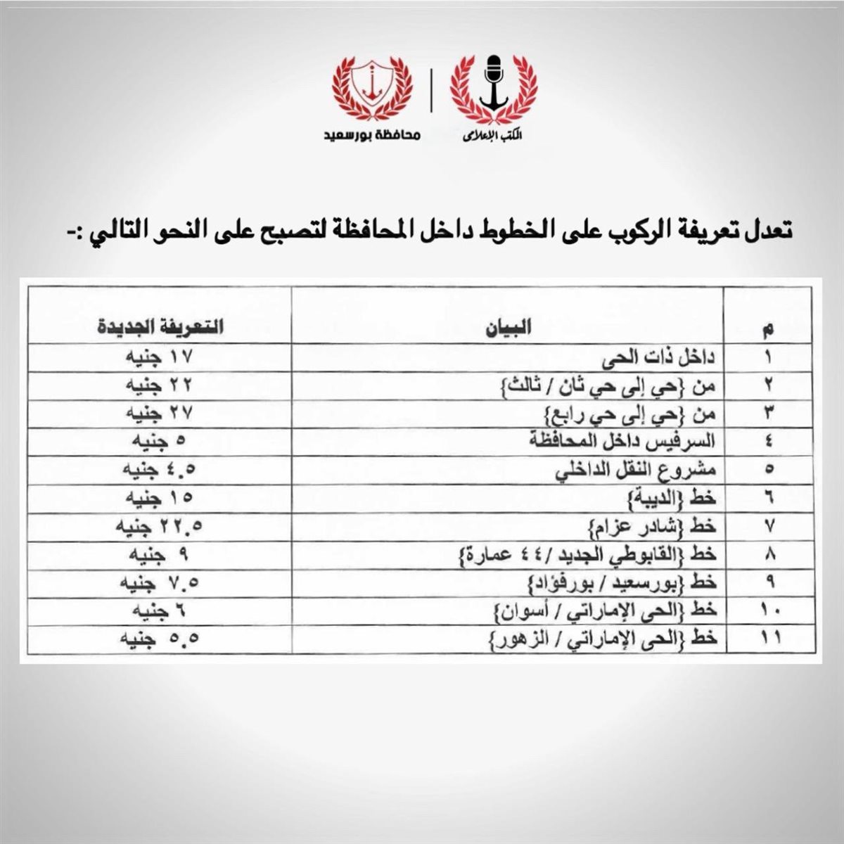 تعريفة الركوب الجديدة للمواصلات في بورسعيد