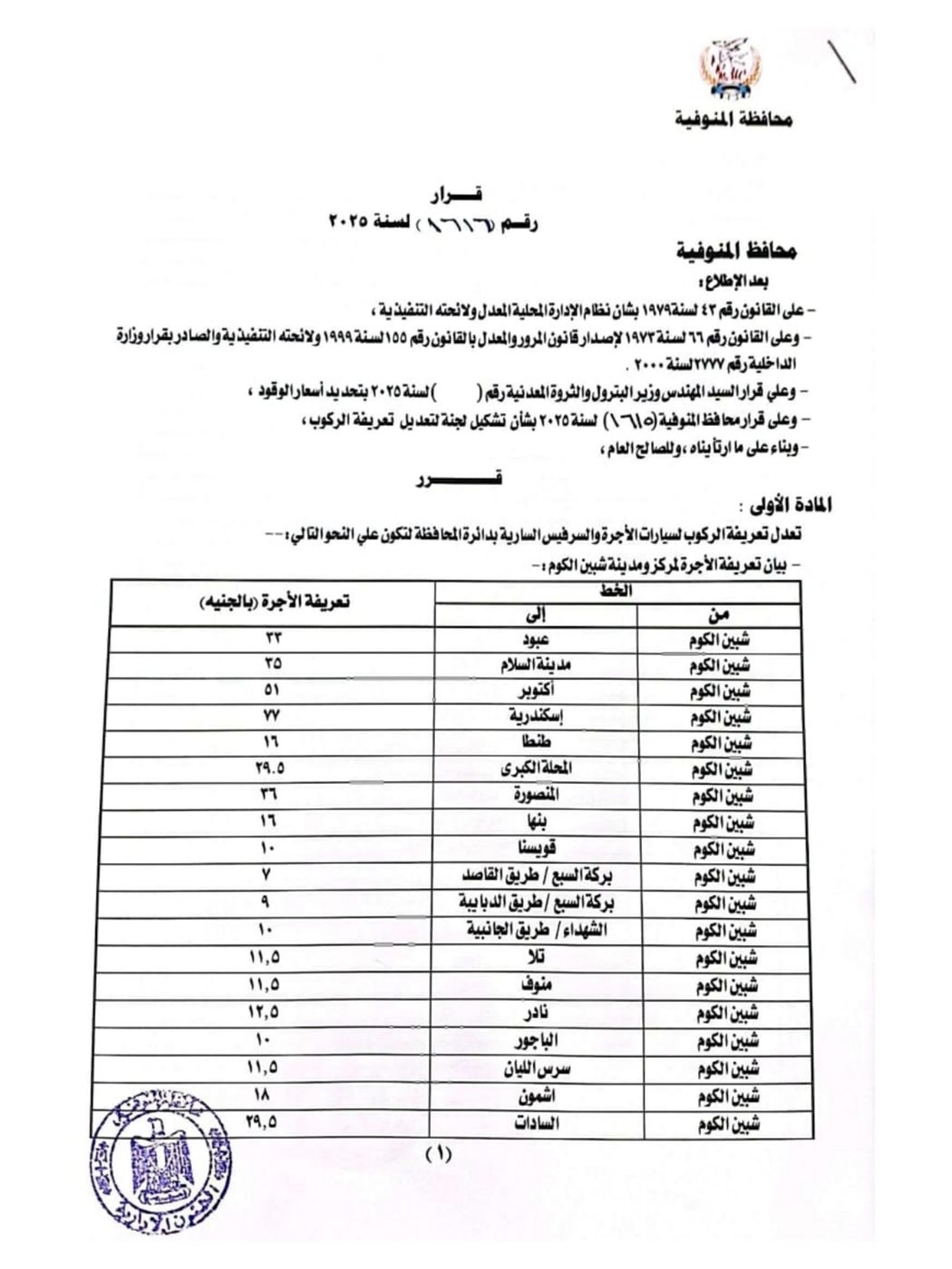 تعريفة الركوب الجديدة محافظة المنوفية