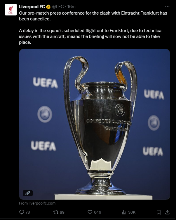 <strong>إلغاء مؤتمر ليفربول قبل مواجهة فرانكفورت بسبب عطل فني في طائرة الريدز</strong>