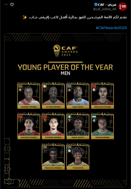 قائمة المرشحين لـ الفوز بجائزة أفضل لاعب إفريقي شاب