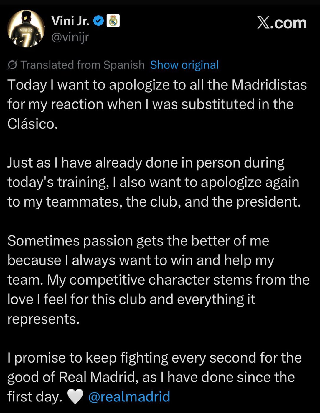 فينيسيوس جونيور يقدم اعتذاره عن تصرفاته في الكلاسيكو