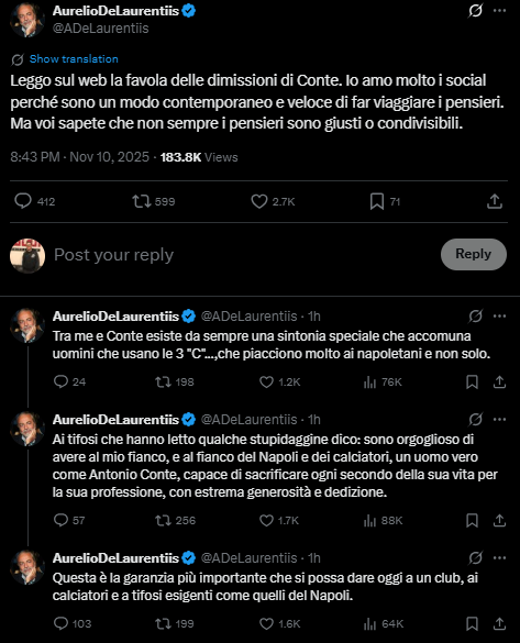 <strong>رئيس نابولي ردًا على أنباء استقالة كونتي: هذا هراء</strong>