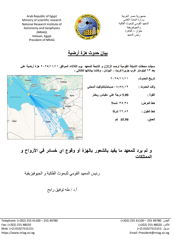 بيان المعهد القومي للبحوث الفلكية والجيوفيزيقية عن زلزال اليونان