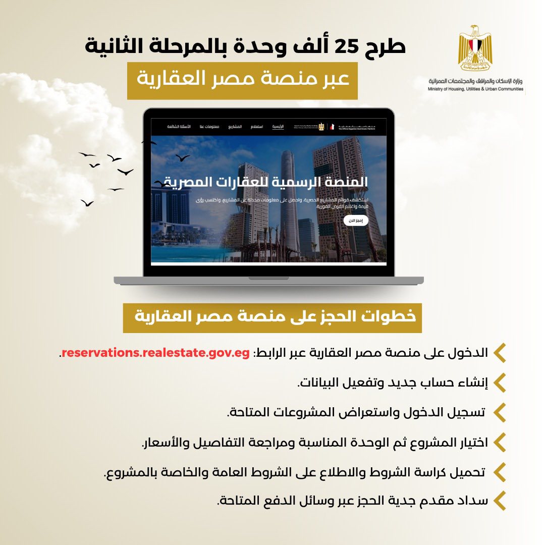 خطوات التسجيل لحجز الوحدات السكنية عبر منصة مصر العقارية