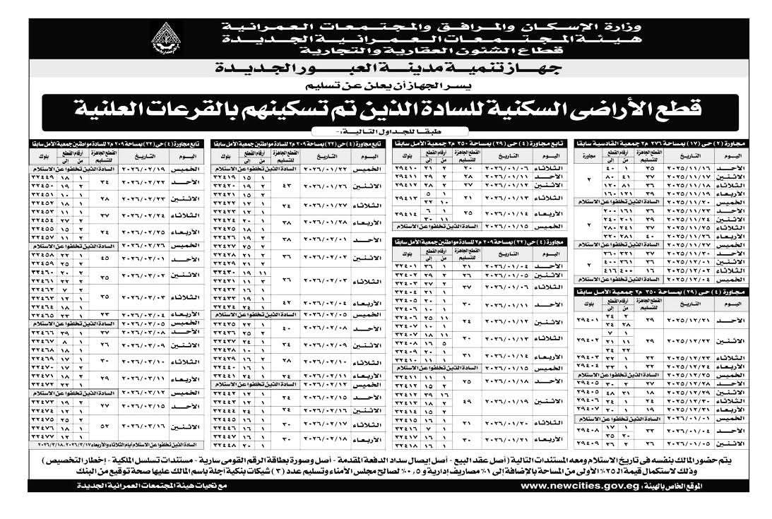 جدول تسليم 2045 قطعة أرض بمدينة العبور الجديدة