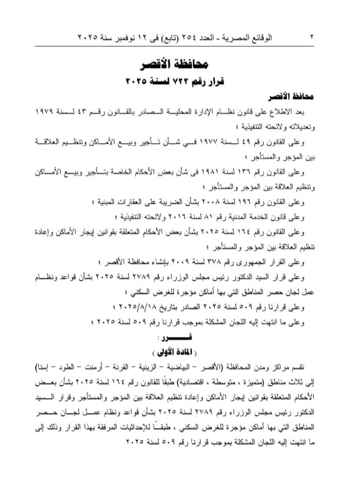 اعتماد تقسيم المناطق السكنية في الأقصر 