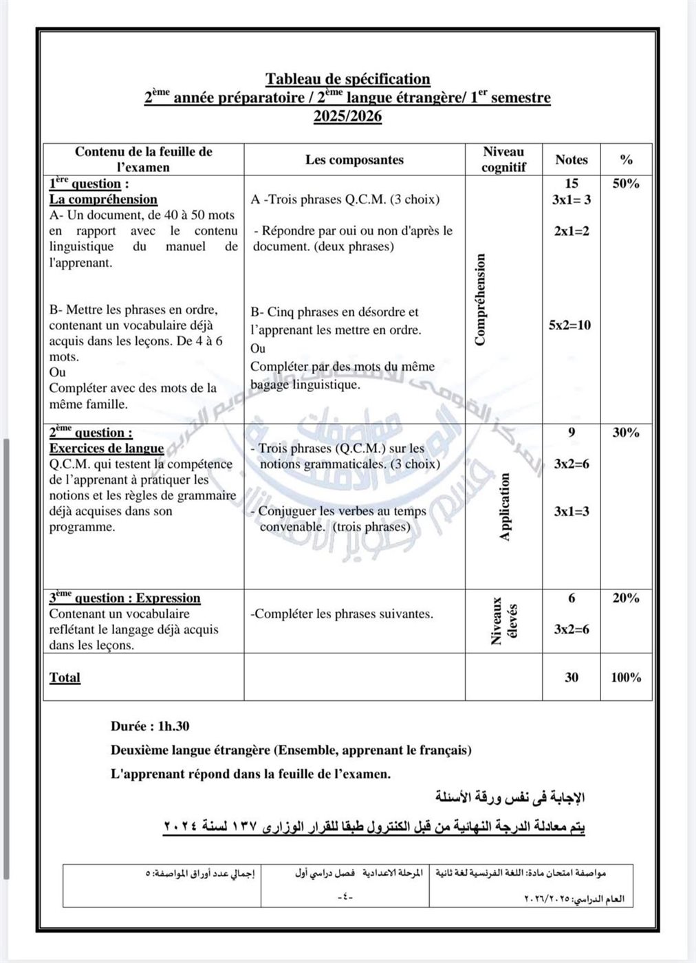 مواصفات امتحان اللغة الفرنسية للمرحلة الإعدادية الترم الأول