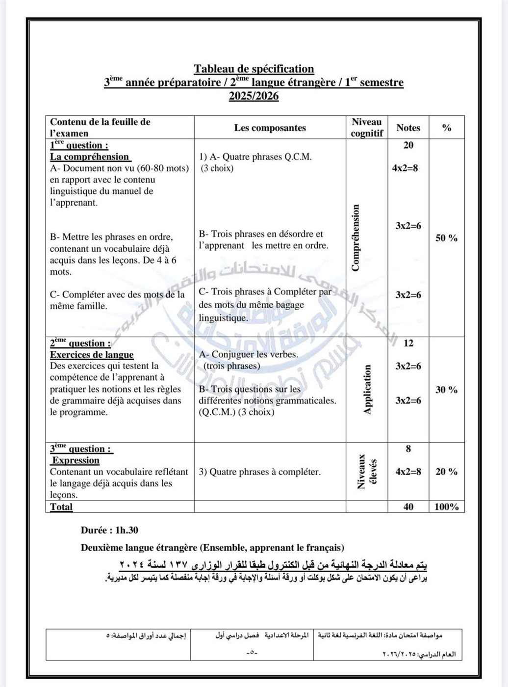 مواصفات امتحان اللغة الفرنسية للمرحلة الإعدادية الترم الأول