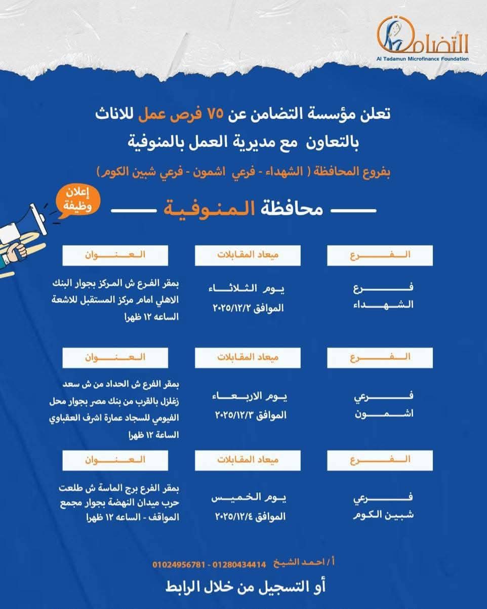 الإعلان عن وظائف متعددة في المنوفية