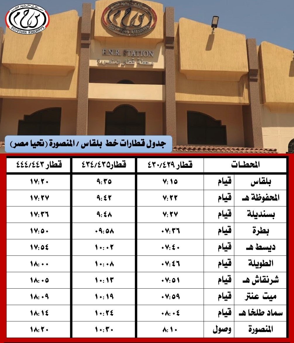 جدول مواعيد القطارات على خطي المنصورة - بلقاس والمنصورة - قلين
