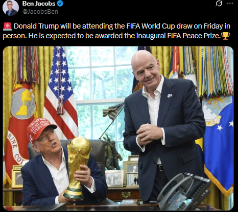 <strong>ترامب يحضر قرعة كأس العالم 2026 يوم الجمعة المقبل.. ومن المتوقع أن يُمنح جائزة الفيفا للسلام</strong>