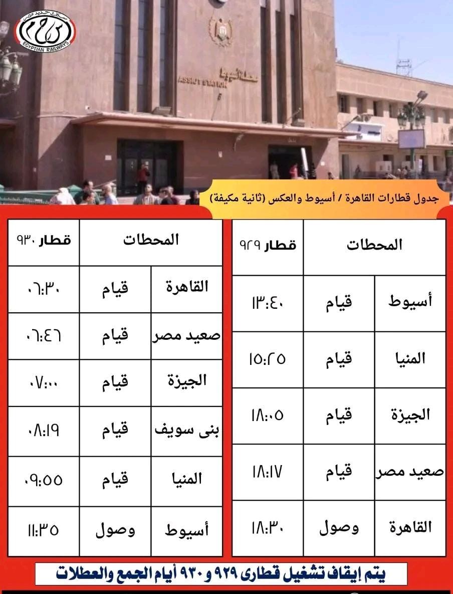 مواعيد تشغيل قطارات الثانية المكيفة على خط الإسكندرية أسيوط والعكس