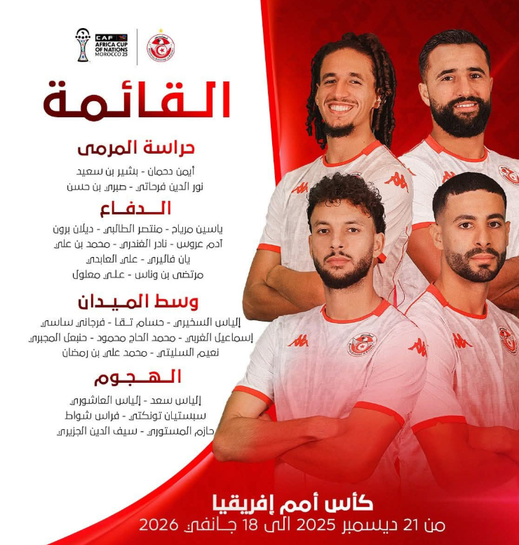 <strong>قائمة منتخب تونس المشاركة في أمم إفريقيا 2025</strong>