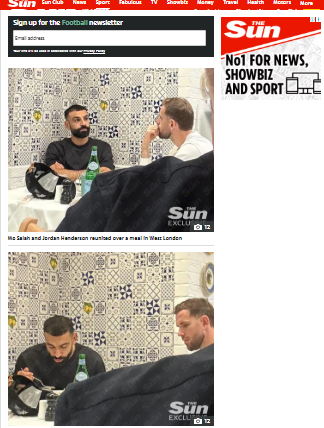 صحيفة ذا صن الإنجليزية تنشر صور لـ محمد صلاح رفقة جوردان هندرسون قائد ليفربول السابق بأحد مطاعم لندن