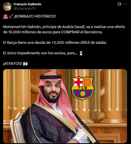 <strong>فرانسوا جالاردو الصحفي في إل شيرينجيتو الإسبانية: محمد بن سلمان ولي العهد السعودي يعتزم تقديم عرض بقيمة 10 مليارات يورو لشراء نادي برشلونة.. والعقبة الوحيدة هي أعضاء النادي</strong>