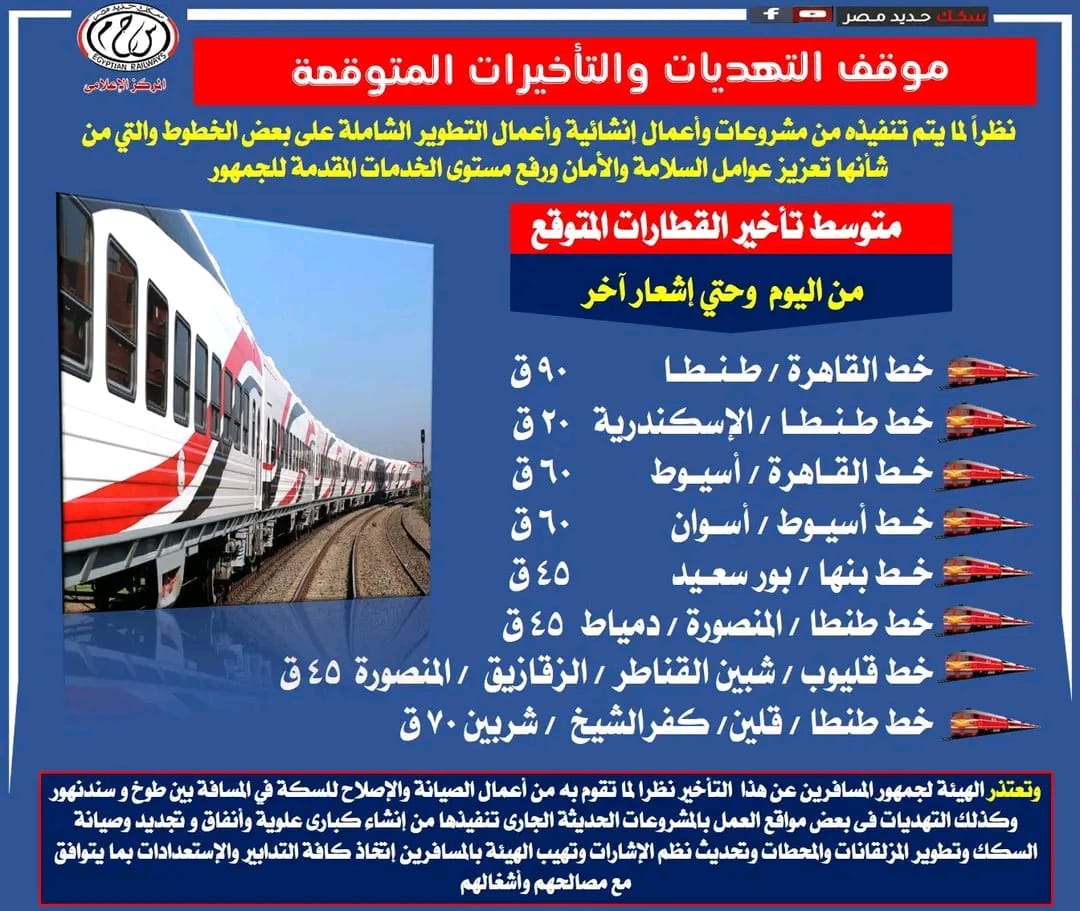 السكة الحديد تعلن استمرار تأخيرات القطارات على جميع خطوطها لحين إشعار آخر