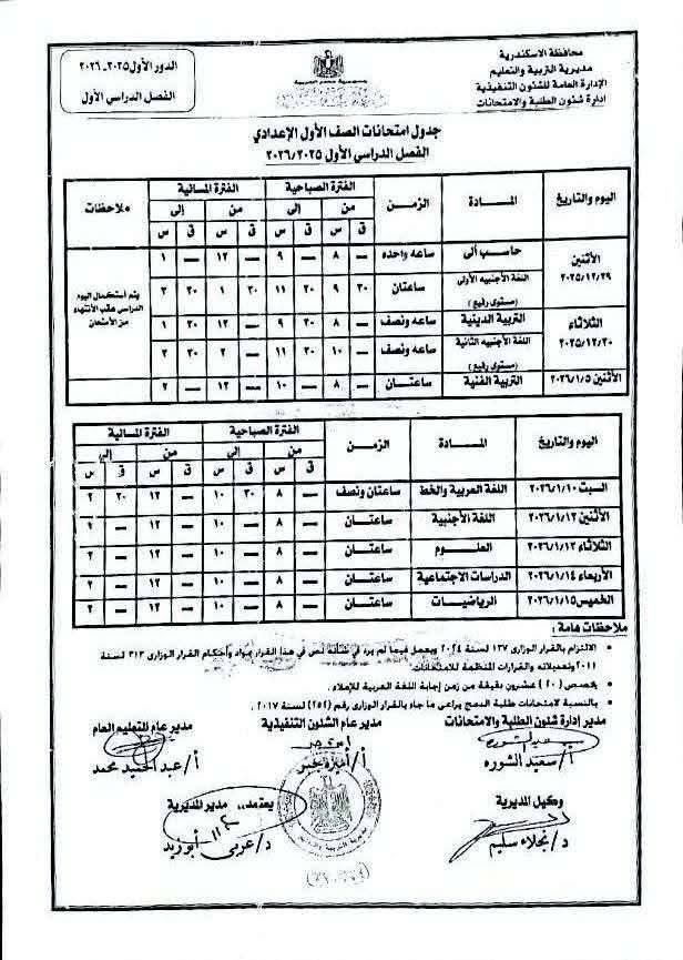 جدول امتحانات الفصل الدراسي الاول 