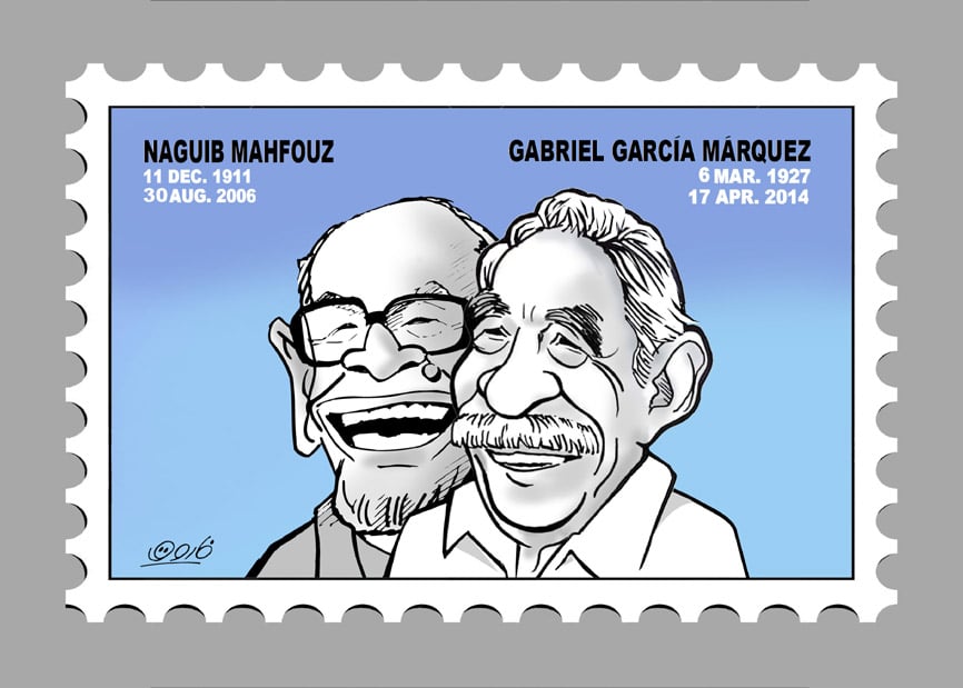 لوحة مشاركة بالمعرض تجمع ماركيز بنجيب محفوظ