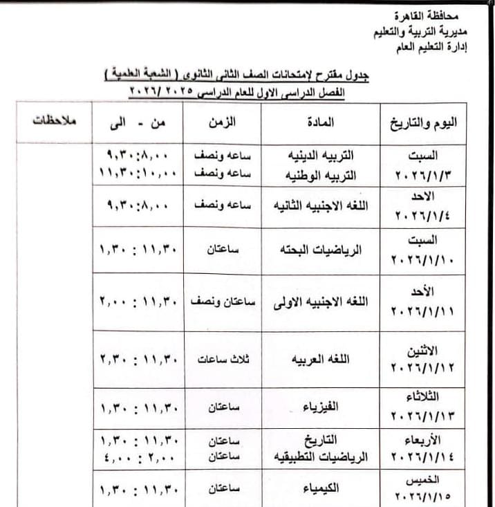 جدول امتحانات الفصل الدراسي الأول