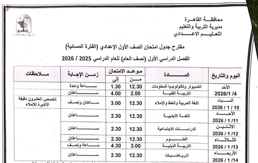 جدول امتحانات الفصل الدراسي الأول